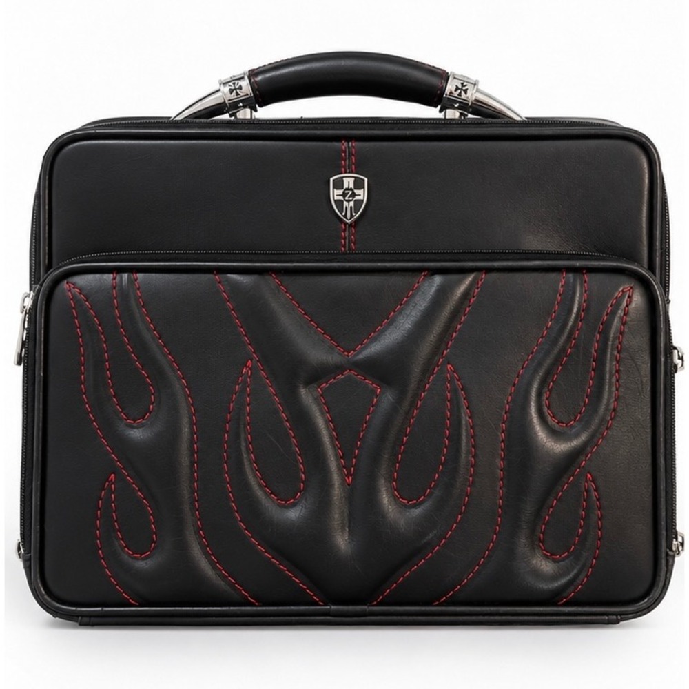 2007 Zeyner Bullfight Leather Laptop Briefcase Black Red Flames Biker Motoring